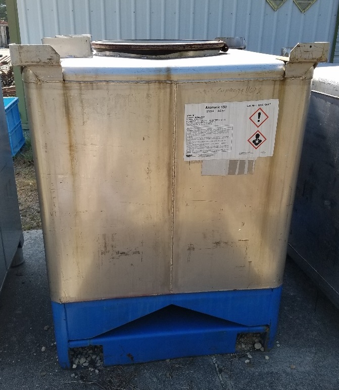 used 300 Gallon (1,162 Liter) Stainless steel IBC Tank/Tote. Rated UN31A, DOT 57 for the transportation and storage of hazardous chemicals. Rated Gross Weight: 3,592 lbs.  3'6